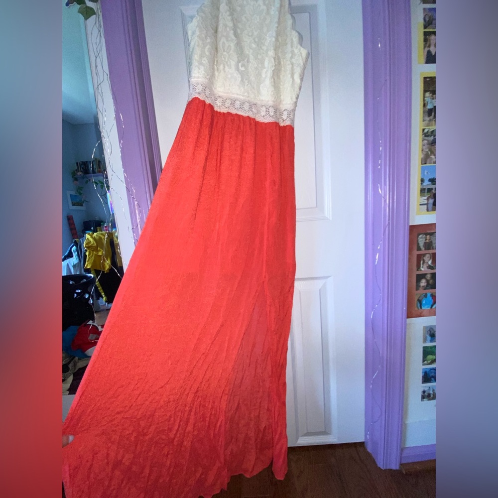 womans long pink dress with white lace top